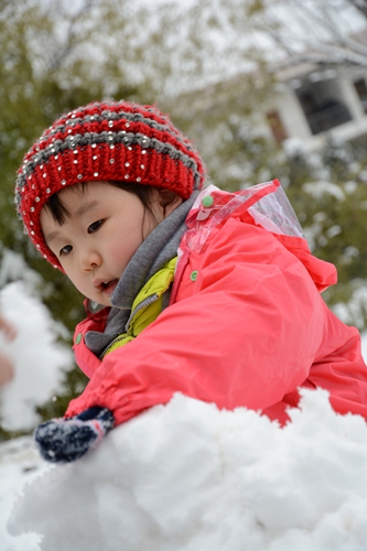 美丽的景色吸引孩子们前来堆雪人